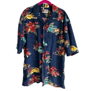 HILO HATTIE Navy Hawaiian Muscle Car Short Sleeve Casual Mens Button Up,‎ XL